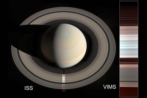 This false-color image to the right shows an infrared spectral map of Saturn's A, B and C rings, captured by Cassini's VIMS. (Infrared image credit: NASA/JPL-Caltech/University of Arizona/CNRS/LPG-Nantes); (Saturn image credit: NASA/JPL-Caltech/Space Science Institute/G. Ugarkovic)