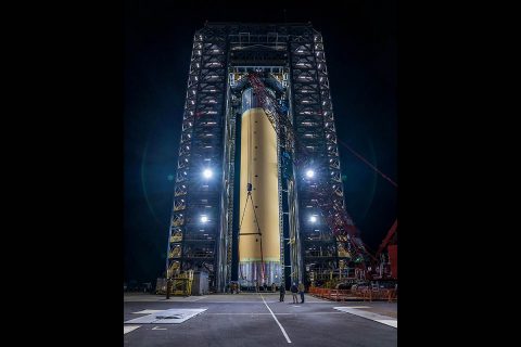 The largest piece of structural test hardware for America’s new deep space rocket, the Space Launch System, was loaded into Test Stand 4693 at NASA’s Marshall Space Flight Center in Huntsville, Alabama Jan. 14, 2019. The liquid hydrogen tank is part of the rocket’s core stage that is more than 200 feet tall with a diameter of 27.6 feet, and stores cryogenic liquid hydrogen and liquid oxygen that will feed the vehicle’s RS-25 engines. (NASA/Tyler Martin)