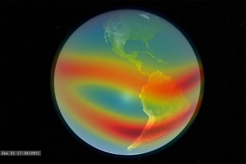 This visualization shows the relative density of certain particles in Earth's ionosphere. The E-TBEx CubeSats will explore how signals from satellites to Earth can be disrupted as they pass through this region. (NASA) This visualization shows the relative density of certain particles in Earth's ionosphere. The E-TBEx CubeSats will explore how signals from satellites to Earth can be disrupted as they pass through this region. (NASA)