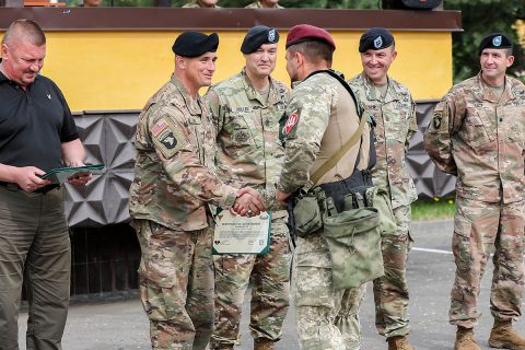 The Joint Multinational Training Group - Ukraine bid farwell to the 95th Air Assault Brigade of the Armed Forces of Ukraine during a rotational training closing ceremony July 13, Yavoriv Ukraine. (U.S. Army photos by Sgt. Justin Navin) The Joint Multinational Training Group - Ukraine bid farwell to the 95th Air Assault Brigade of the Armed Forces of Ukraine during a rotational training closing ceremony July 13, Yavoriv Ukraine. (U.S. Army photos by Sgt. Justin Navin)