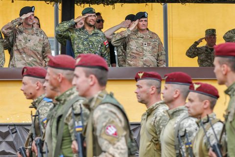 The Joint Multinational Training Group - Ukraine bid farwell to the 95th Air Assault Brigade of the Armed Forces of Ukraine during a rotational training closing ceremony July 13, Yavoriv Ukraine. (U.S. Army photos by Sgt. Justin Navin)