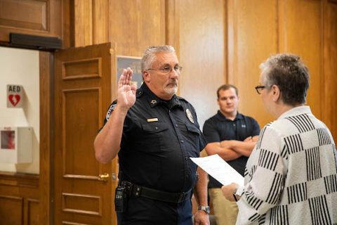 Sammie Williams is sworn in as police chief by Austin Peay State University President Alisa White. (APSU)