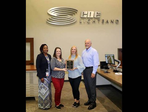 CDE Lightband employees (L-R): Yolanda Davis, HR administrator; Alayna Stevens, business development coordinator; Lindsey Pease, community affairs coordinator; Brian Taylor, general manager. CDE Lightband employees (L-R): Yolanda Davis, HR administrator; Alayna Stevens, business development coordinator; Lindsey Pease, community affairs coordinator; Brian Taylor, general manager.