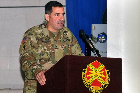 Col. Jeremy E. Bell, commander U.S. Army Garrison-Fort Campbell, Ky., makes remarks July 11, 2019, during his change of command ceremony. Col. Joseph P. Kuchan relinquished command to Bell at Wilson Theater, Fort Campbell. (Fort Campbell)