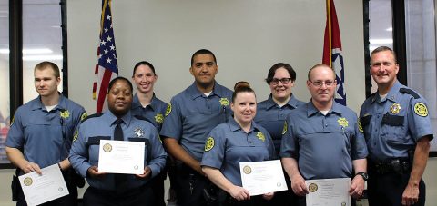 Montgomery County Sheriff John Fuson congradulates essica Asebedo, Henry Bailey, Christie Burgess, Neil Darnell, Michelle Head, Joshua Ramos, and Lauren Trinkle on finishing the Jail Field Training Officers (FTO) Program.