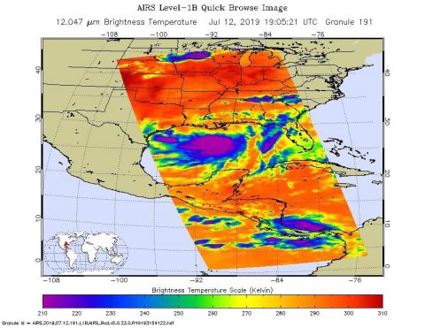 NASA's AIRS instrument aboard the Aqua Satellite imaged Tropical Storm Barry on the afternoon of July 12, 2019, a day before the storm is expected to make landfall on the Louisiana Coast. (NASA/JPL-Caltech) NASA's AIRS instrument aboard the Aqua Satellite imaged Tropical Storm Barry on the afternoon of July 12, 2019, a day before the storm is expected to make landfall on the Louisiana Coast. (NASA/JPL-Caltech)