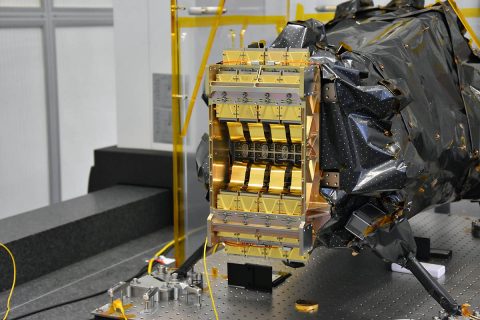 The cryogenic (cold) portion of the Euclid space telescope's Near Infrared Spectrometer and Photometer (NISP) instrument. NASA led the procurement and delivery of the detectors for the NISP instrument. The gold-coated hardware is the 16 sensor-chip electronics integrated with the infrared sensors. (Euclid Consortium/CPPM/LAM)