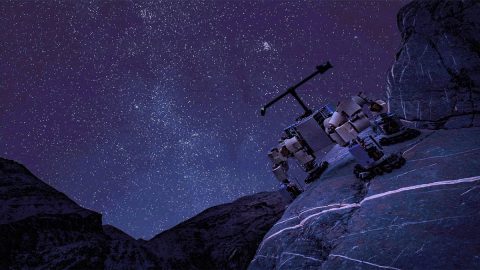 The climbing robot LEMUR rests after scaling a cliff in Death Valley, California. The robot uses special gripping technology that has helped lead to a series of new, off-roading robots that can explore other worlds. (NASA/JPL-Caltech)