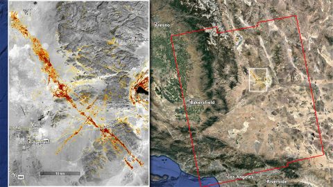 NASA's ARIA team produced this map of earthquake damage in Southern California from the recent temblors in July2019. The color variation from yellow to red indicates increasingly more significant surface change, or damage. (NASA/JPL-Caltech, ESA)