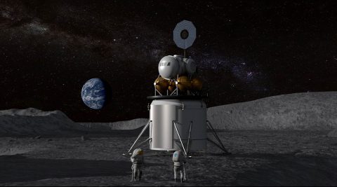 Illustration of a human landing system and crew on the lunar surface with Earth near the horizon. (NASA)