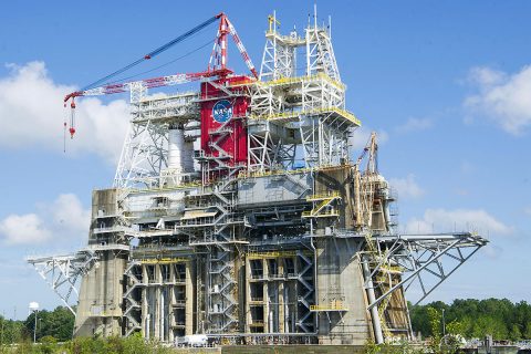 The “Green Run” test of the core stage for NASA’s Space Launch System (SLS) will be conducted at the B-2 Test Stand at NASA’s Stennis Space Flight Center near Bay St. Louis, Mississippi. The historic test stand has been used to test stages for multiple programs, including the Saturn V and the space shuttle. The test stand was renovated to accommodate the SLS rocket’s core stage, which is the largest stage NASA has ever built. (NASA)