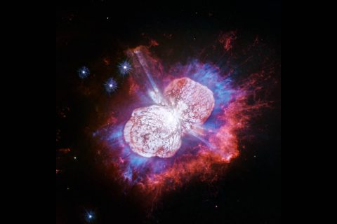 This Hubble Space Telescope image of the giant, petulant star Eta Carinae is yielding new surprises. Telescopes such as Hubble have monitored the super-massive star for more than two decades. The star, the largest member of a double-star system, has been prone to violent outbursts, including an episode in the 1840s during which ejected material formed the bipolar bubbles seen here. (NASA, ESA, N. Smith (University of Arizona) and J. Morse (BoldlyGo Institute))