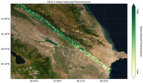 NASA's Orbiting Carbon Observatory-3 Gets First Data Preliminary solar-induced fluorescence (SIF) measurements from OCO-3 over western Asia. (NASA/JPL-Caltech) NASA's Orbiting Carbon Observatory-3 Gets First Data Preliminary solar-induced fluorescence (SIF) measurements from OCO-3 over western Asia. (NASA/JPL-Caltech)