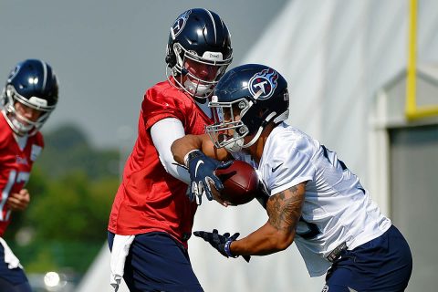 Tennessee Titans quarterback Marcus Mariota (8) ands the ball to Tennessee Titans running back Dion Lewis (33) at St. Thomas Sports Park. (Steve Roberts-USA TODAY Sports)