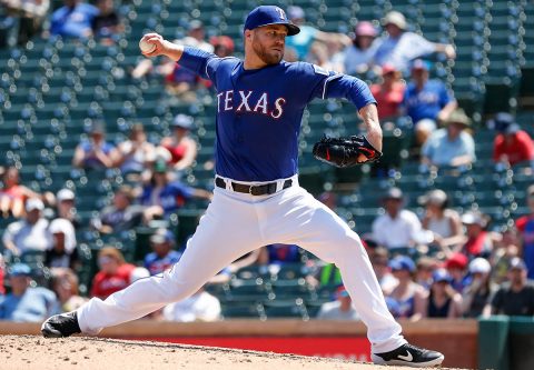 Texas Rangers relief pitcher Shawn Kelley (27) throws against the Cleveland Indians during the ninth inning at Globe Life Park in Arlington. (Ray Carlin-USA TODAY Sports)