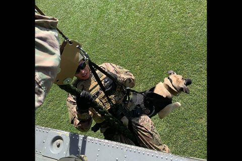 Private 1st Class Jacob Pickering and Military Working Dog Barbi from the 510th Military Police Detachment (MWD) descend from a helicopter during air assault training. Within the month, this team will begin a nine month deployment in Iraq in support of combat operations, providing explosive detection capabilities. (1st Lt. M. Austin Giles, 510th Military Police Detachment (MWD), 716th Military Police Battalion) 