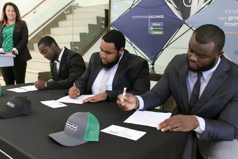 Dontavious Fort, Airamis Hargrove and Lloyd Tubman sign commitment letters to work for Enterprise. (APSU)