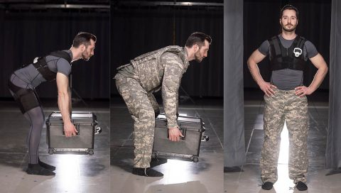 Erik Lamers, of Vanderbilt’s CREATe Lab, demonstrates the use of a spring-powered exosuit with existing Army gear. Working with members of 3rd BCT, researchers from Vanderbilt developed the suit and other biomechanically assistive tools to reduce injury and lighten Soldiers’ loads. (Joe Howell, Vanderbilt University) 