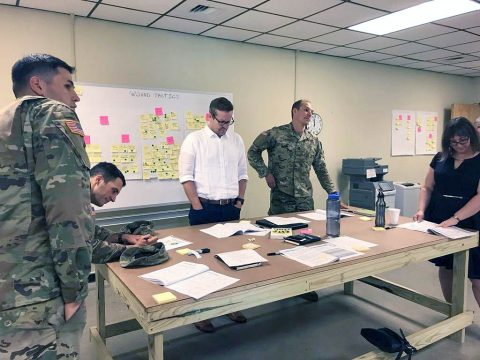 Vanderbilt University faculty and representatives from the 101st Airborne Division (Air Assault) participate in a design workshop in the EAGLEWERX Innovation Lab at Fort Campbell targeted toward improving air assault operations. The two groups plan to hold similar events at multiple echelons, including quarterly innovation symposiums at the division level. (Capt. Daniel Vazquez, 3rd Brigade Combat Team) 