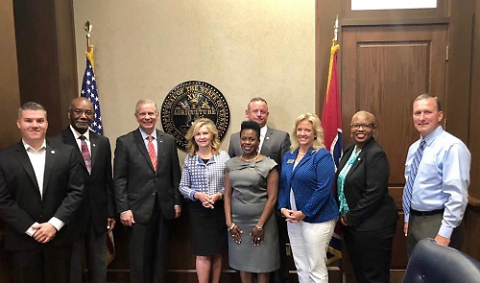 Marsha Blackburn meets with Montgomery County and Robertson County leaders, including Montgomery County Mayor Jim Durrett, Clarksville Mayor Joe Pitts, Montgomery County Sheriff John Fuson, Robertson County Mayor Billy Vogle and Springfield Mayor Ann Schneider on Wednesday.