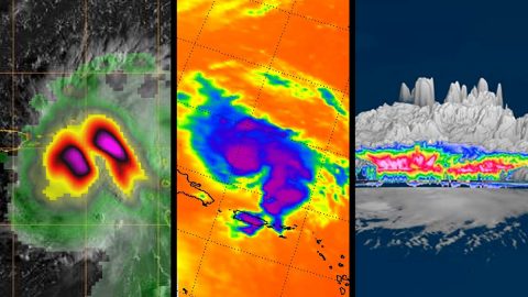 Three images of Hurricane Dorian, as seen by a trio of NASA's Earth-observing satellites Aug. 27-29, 2019. The data sent by the spacecraft revealed in-depth views of the storm, including detailed heavy rain, cloud height and wind. (NASA/JPL-Caltech)