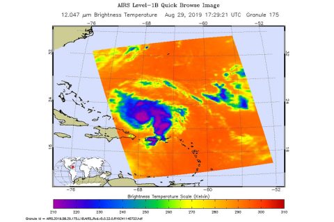 An infrared image of Hurricane Dorian, as seen by the AIRS instrument aboard NASA's Aqua satellite at 1:30 p.m. EDT (10:30 a.m. PDT) on Aug. 29, 2019. The large purple areas are cold clouds, carried high into the atmosphere by deep thunderstorms. Blue and green show warmer areas with less rain clouds, while orange and red represent mostly cloud-free air. (NASA/JPL-Caltech)