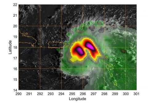 Hurricane Dorian off the coast of Puerto Rico, as seen by the small satellite TEMPEST-D on Aug 28, 2019 (local time). The colors in the image reveal the heavy rain and moisture inside the storm. The least intense areas of rainfall are shown in green and most intense are yellow and pink. (NASA/JPL-Caltech) Hurricane Dorian off the coast of Puerto Rico, as seen by the small satellite TEMPEST-D on Aug 28, 2019 (local time). The colors in the image reveal the heavy rain and moisture inside the storm. The least intense areas of rainfall are shown in green and most intense are yellow and pink. (NASA/JPL-Caltech)