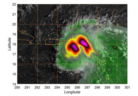 Hurricane Dorian off the coast of Puerto Rico, as seen by the small satellite TEMPEST-D on Aug 28, 2019 (local time). The colors in the image reveal the heavy rain and moisture inside the storm. The least intense areas of rainfall are shown in green and most intense are yellow and pink. (NASA/JPL-Caltech)