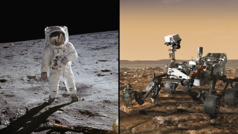 From left to right: Apollo 11 astronaut Buzz Aldrin stands on the Moon; 47 pounds (21.5 kilograms) of samples were brought back to Earth from that mission; the Mars 2020 rover, seen here in an artist's concept rover, will be taking the first planetary samples at Jezero Crater, Mars (on right). (NASA/JPL-Caltech)