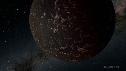 This artist's illustration depicts the exoplanet LHS 3844b, which is 1.3 times the mass of Earth and orbits an M dwarf star. The planet's surface may be covered mostly in dark lava rock, with no apparent atmosphere, according to observations by NASA's Spitzer Space Telescope. (NASA/JPL-Caltech/R. Hurt (IPAC))