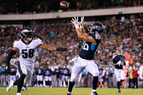 Tennessee Titans tight end Anthony Firkser (86) makes a touchdown reception against Philadelphia Eagles linebacker L.J. Fort (58) during the second quarter at Lincoln Financial Field. (Bill Streicher-USA TODAY Sports) Tennessee Titans tight end Anthony Firkser (86) makes a touchdown reception against Philadelphia Eagles linebacker L.J. Fort (58) during the second quarter at Lincoln Financial Field. (Bill Streicher-USA TODAY Sports)