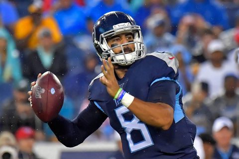 Tennessee Titans quarterback Marcus Mariota (8) passes the ball against the Pittsburgh Steelers during the first half at Nissan Stadium. (Jim Brown-USA TODAY Sports)