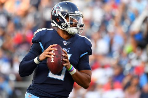 Tennessee Titans quarterback Marcus Mariota (8) attempts a pass during the first half against the New England Patriots at Nissan Stadium. (Christopher Hanewinckel-USA TODAY Sports)