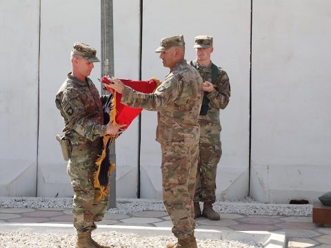 Col. Derek Thomson, Commander of 1st Brigade Combat Team, 101st Airborne Division and Command Sgt. Maj. Wray Gabelmann, Command Sgt. Maj. of 1st Brigade Combat Team, 101st Airborne Division, case the brigade colors officially ending their mission within Iraq. Combined Joint Task Force - Operation Inherent Resolve are in Iraq to support the Iraqi security forces at the request of the government of Iraq, fully respecting Iraq’s sovereignty. (Maj. Vonnie Wright 1st Brigade Combat Team, 101st Airborne Division (AA) Public Affairs)