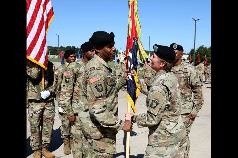 Col. Stephanie Barton (right) passes the brigade colors to the new Command Sgt. Maj. Kevin Campbell during a Change of Responsibility Ceremony Aug. 29, 2019, on Fort Campbell, Kentucky. Soldiers, assigned to 101st Sust. Bde., 101st Airborne Division (Air Assault), bid farewell to Command Sgt. Maj. Anthony McAdoo and his family as well. (Sgt. Aimee Nordin, 101st Sustainment Brigade Public Affairs) 