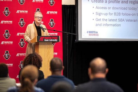 Austin Peay State University President Alisa White addresses attendees at last year's Industry Summit. (APSU)