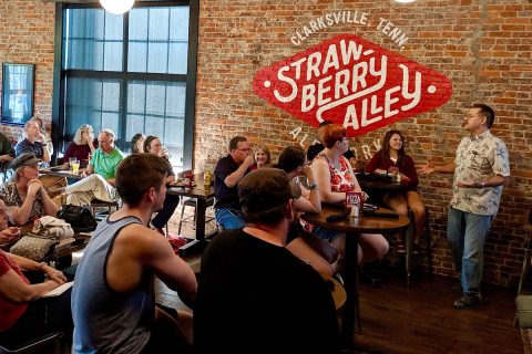 Austin Peay State University’s Dr. J. Allyn Smith talks black holes at the inaugural Science on Tap Sept. 3, 2019, at Strawberry Alley Ale Works. (APSU) Austin Peay State University’s Dr. J. Allyn Smith talks black holes at the inaugural Science on Tap Sept. 3, 2019, at Strawberry Alley Ale Works. (APSU)