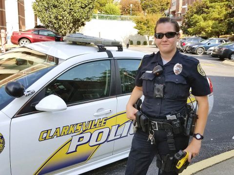 Clarksville Police Officer Victoria Crosby wears a body-worn camera in the middle of her torso. The camera joins an array of other equipment and tools mounted on her uniform. (CPD)