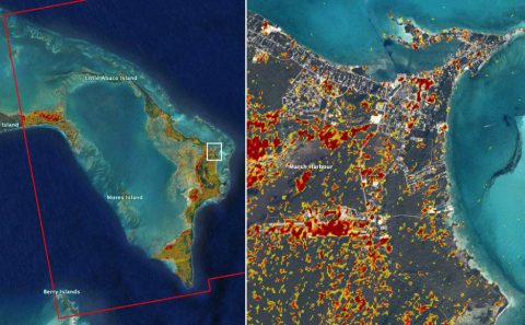 A damage assessment map derived from satellite data shows conditions on one island in the Bahamas on Sept. 2. Red and yellow areas are likely the most damaged. (NASA-JPL, Caltech, Earth Observatory of Singapore)