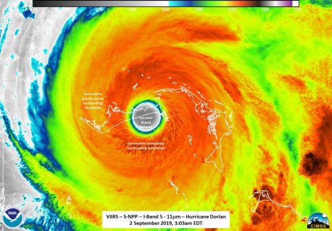 NASA NOAA’s Suomi NPP satellite image provided a very clear, very detailed image of Dorian’s eye in this image taken on Sepember 2nd, 2019 at 1:13am CDT. (NASA/NOAA/UWM-SSEC-CIMSS/William Straka III)