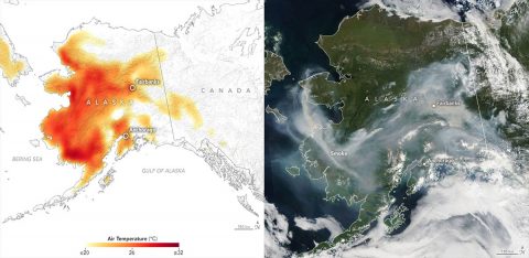 In June and early July 2019, a heat wave in Alaska broke temperature records, as seen in this July 8th air temperature map (left). The corresponding image from the Moderate Resolution Imaging Spectroradiometer (MODIS) instrument on Aqua on the right shows smoke from lightening-triggered wildfires. (NASA Earth Observatory)