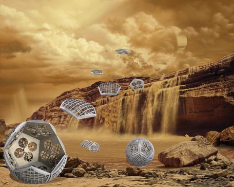 An illustration of an early concept of Shapeshifter imagines the robots on Saturn's moon Titan. In the picture, the Shapeshifter breaks into smaller pieces that can investigate a methane waterfall from the sky. (NASA/JPL-Caltech/Marilynn Flynn) An illustration of an early concept of Shapeshifter imagines the robots on Saturn's moon Titan. In the picture, the Shapeshifter breaks into smaller pieces that can investigate a methane waterfall from the sky. (NASA/JPL-Caltech/Marilynn Flynn)