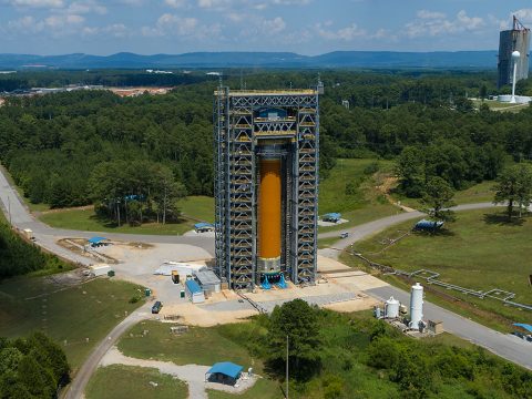 The core stage test team recently completed structural testing confirming the stage’s liquid hydrogen tank structural design is good for conditions that will be experienced in the rocket’s initial configuration, called Block 1, during the Artemis I launch. (NASA/Tyler Martin)