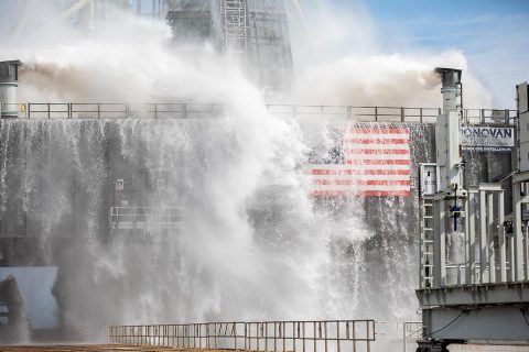About 450,000 gallons of water poured onto the Pad B flame deflector, the mobile launcher flame hole and onto the launcher’s blast deck during NASA's water flow test. (NASA/Frank Michaux) About 450,000 gallons of water poured onto the Pad B flame deflector, the mobile launcher flame hole and onto the launcher’s blast deck during NASA's water flow test. (NASA/Frank Michaux)