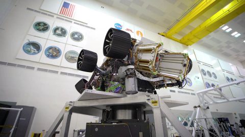 NASA's Mars 2020 rover was rotated on a spin table in the clean room of the Spacecraft Assembly Facility at NASA's Jet Propulsion Laboratory in Pasadena, California. Engineers were looking to establish the rover's center of gravity, or the point at which weight is evenly dispersed on all sides. (NASA/JPL-Caltech)