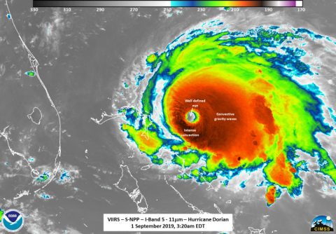 Suomi NPP image of Hurricane Dorian showing its well-defined eye as it passed over Dorian at 2:20am CDT (0720 UTC). (NASA/NOAA/UWM-SSEC-CIMSS/William Straka III)