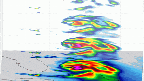 Hurricane Dorian off the coast of Florida, as seen by the small satellite TEMPEST-D at 2 a.m. EDT on Sep. 3, 2019 (11 p.m PDT on Sept. 2, 2019). The layers in the animation reveal slices of the hurricane from four depths, taken at different radio wavelengths. The vertical view of Dorian highlights where the storm is strongest in the atmosphere. The colors in the animation show the heavy rainfall and moisture inside the storm. The least-intense areas of rainfall are shown in green, while the most intense are yellow, red and pink. (NASA/JPL-Caltech) Hurricane Dorian off the coast of Florida, as seen by the small satellite TEMPEST-D at 2 a.m. EDT on Sep. 3, 2019 (11 p.m PDT on Sept. 2, 2019). The layers in the animation reveal slices of the hurricane from four depths, taken at different radio wavelengths. The vertical view of Dorian highlights where the storm is strongest in the atmosphere. The colors in the animation show the heavy rainfall and moisture inside the storm. The least-intense areas of rainfall are shown in green, while the most intense are yellow, red and pink. (NASA/JPL-Caltech)