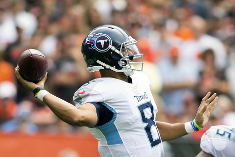 Tennessee Titans quarterback Marcus Mariota (8) throws the ball against the Cleveland Browns during the first quarter at FirstEnergy Stadium. (Scott R. Galvin-USA TODAY Sports)