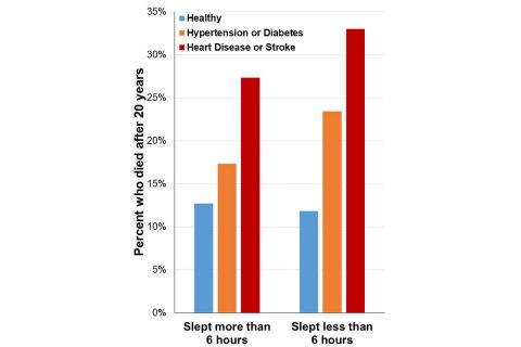 Bar graph showing that for people who slept less than 6 hours, the risk of early death associated with hypertension or diabetes was two times higher, while the risk of early death associated with heart disease or stroke was three times higher. (Fernandez-Mendoza et al; Journal of the American Heart Association)