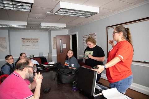 Melissa Arrington, far right, prepares her team for the ghost hunt. (APSU)